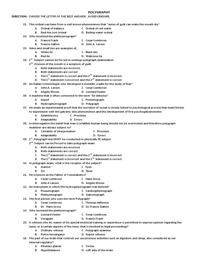 Polygraph Exam 100 Items Polygraph Science (General)