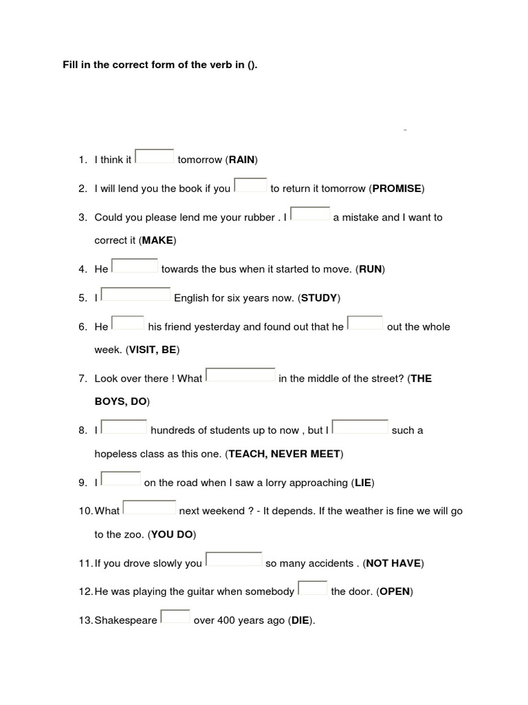 Fill In The Correct Form Of The Verb Worksheet