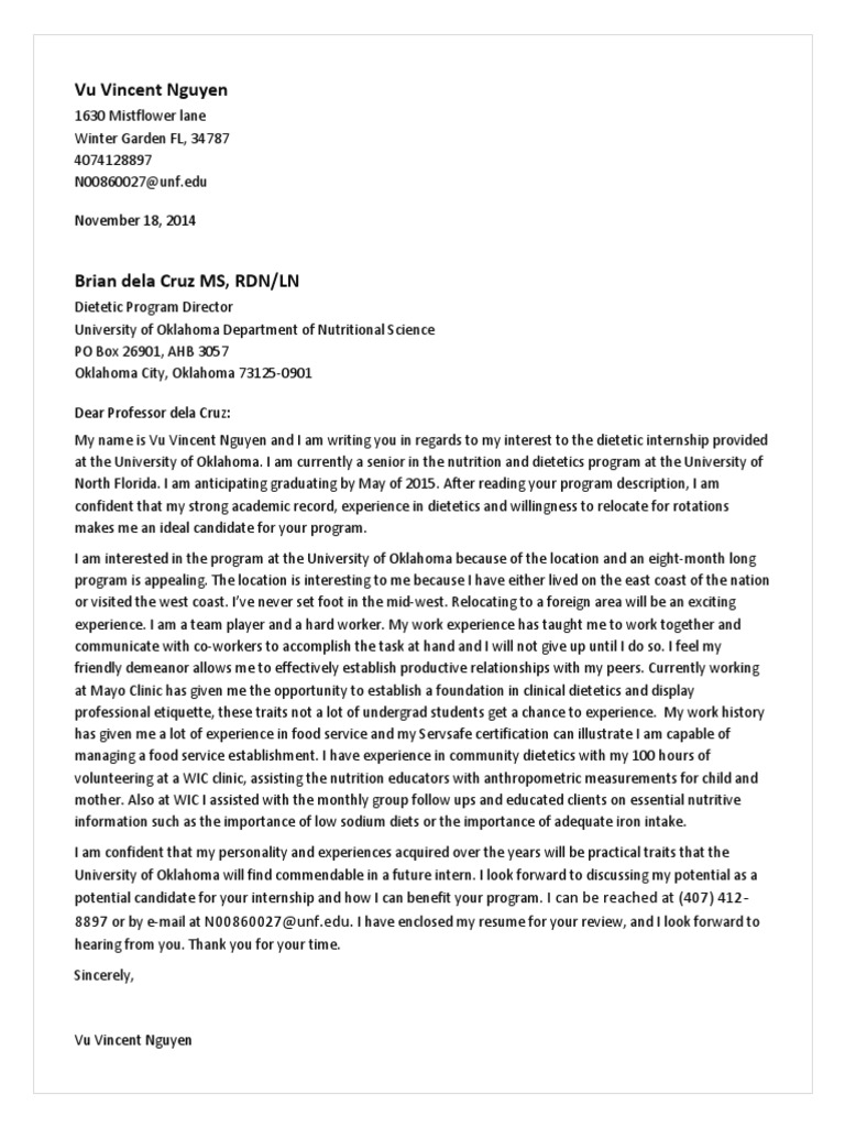 Cover Letter Dietitian Diets