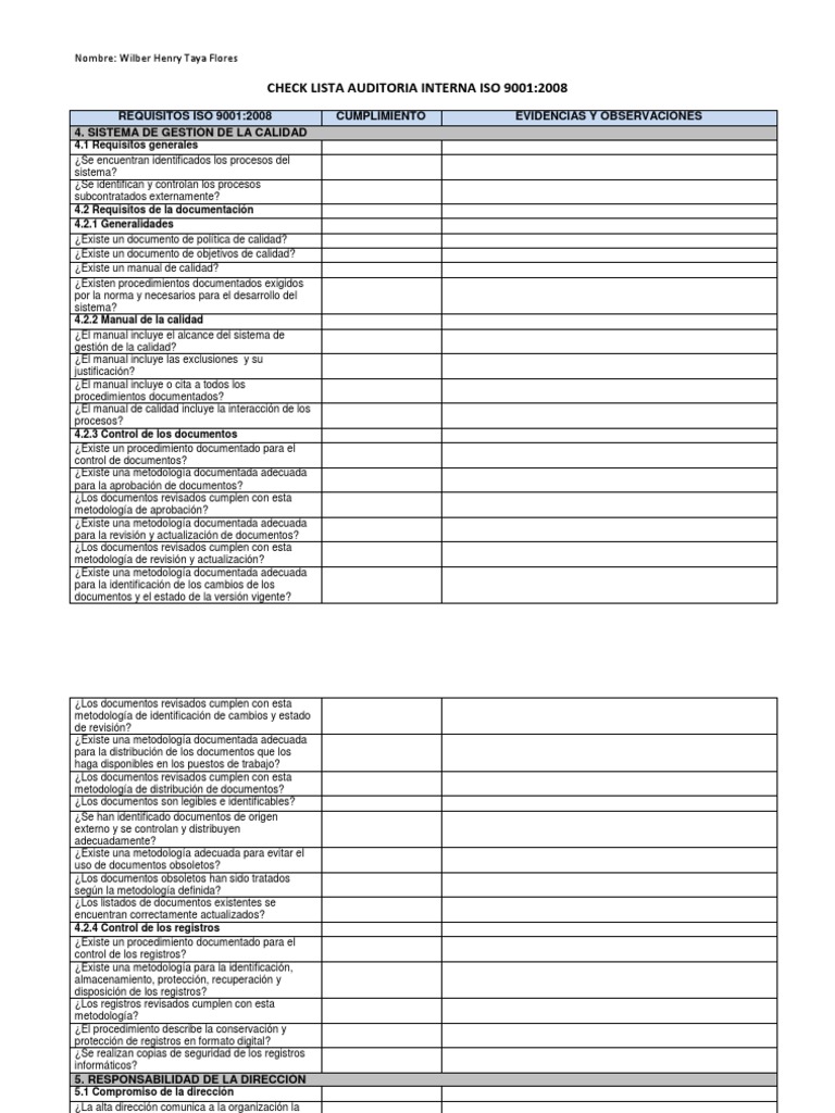 Check List Iso 9001 2008 | PDF | Gestión de la calidad | Calidad ...