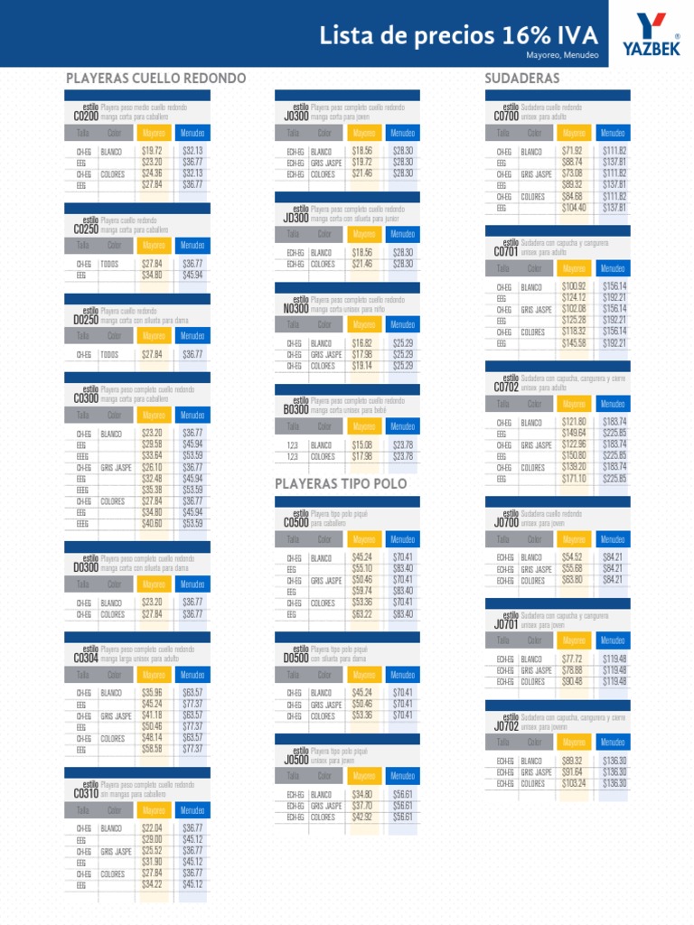Precios Playeras Yazbek PDF Ropa Softlines