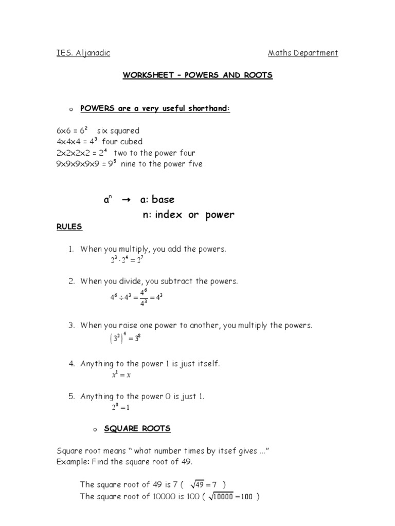 Powers and Roots Worksheet | PDF
