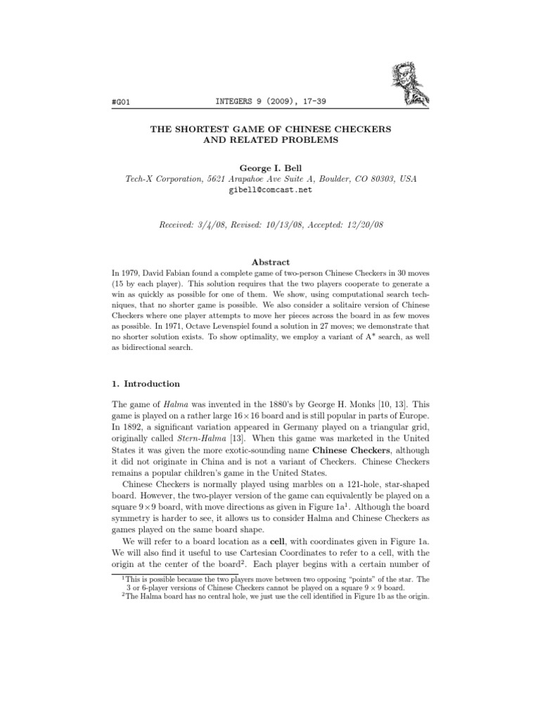 Integers 9 (2009), 1739 The Shortest Game of Chinese Checkers PDF