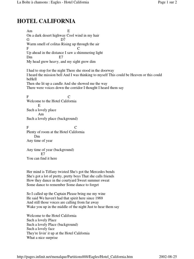 Eagles Hotel California Guitar Chords and Lyrics