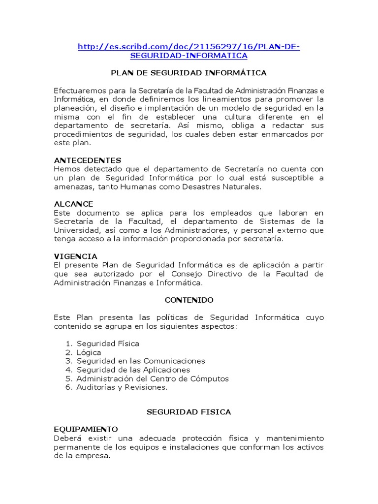 Plan de Seguridad Informática para Secretaría | PDF | La seguridad ...