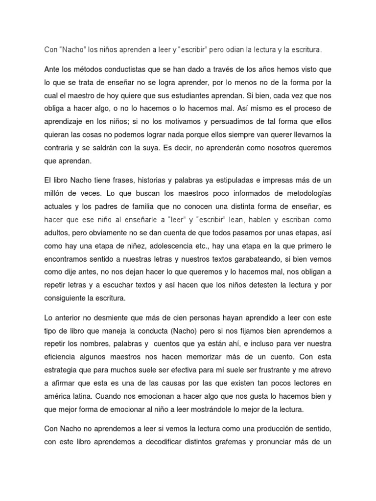 Aprender A Leer Y Escribir Con Nacho 1 Docx Lectura Proceso Escritura