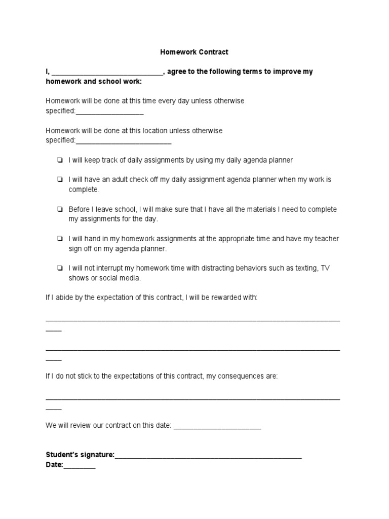Homework and Behavior Contract Template | PDF | Homework | Further ...