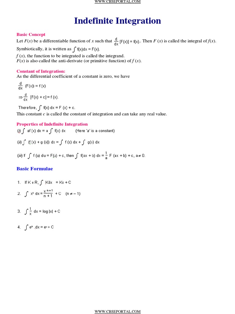 Study Notes CLass XII Maths Indefinite Integration | PDF | Teaching ...