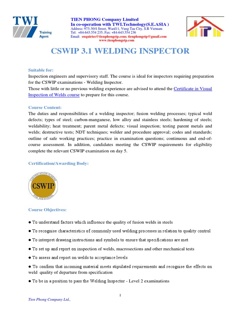 Course Outline Cswip 3 1 PDF PDF Nondestructive Testing Welding
