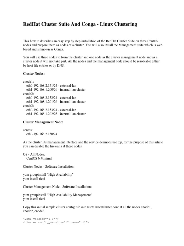 RedHat Cluster Setup with Conga Guide | PDF | Computer Cluster ...