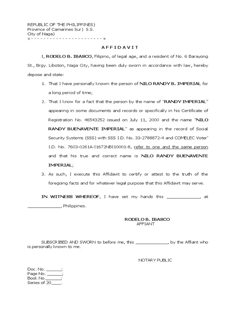 Affidavit Of One And The Same Person