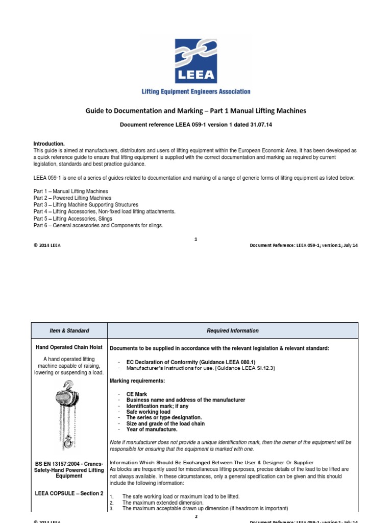 LEEA-059-1 Documentation and Marking - Part 1 Manual Lifting Machines | PDF