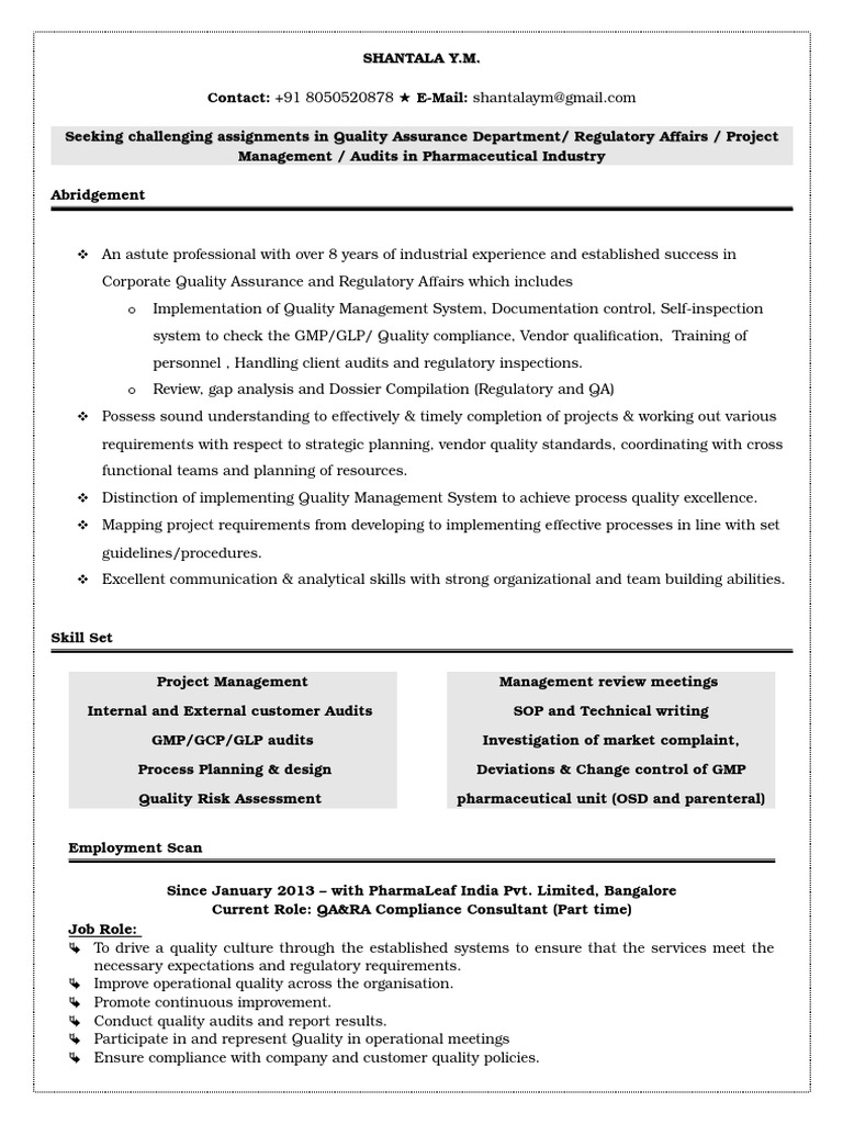 Shantala CV | PDF | Quality Assurance | Regulatory Compliance