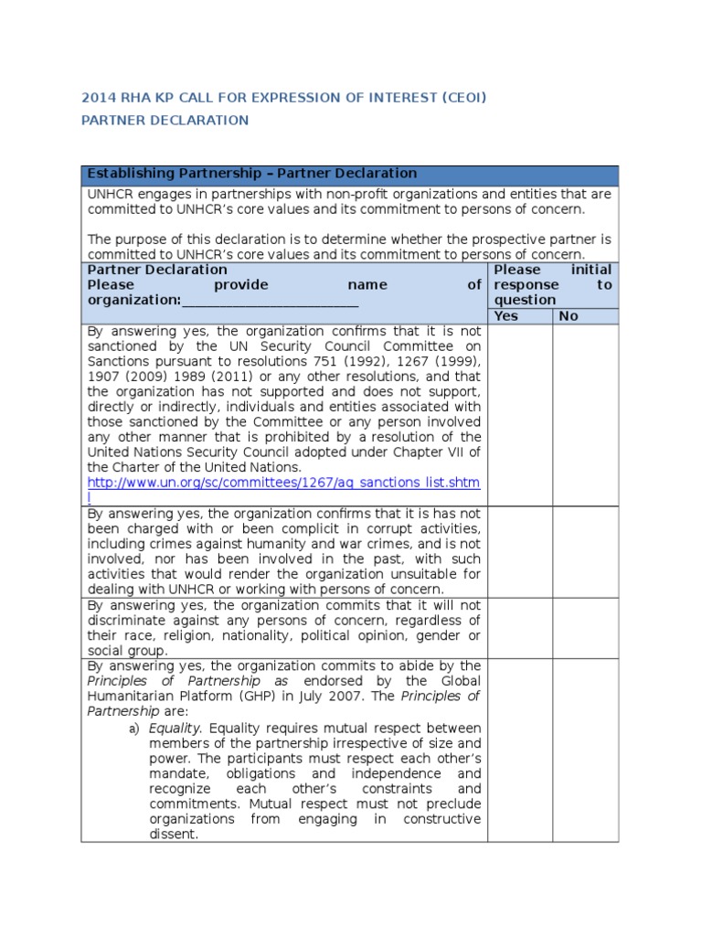 UNHCR Partner Declaration Template | PDF | Transparency (Behavior ...
