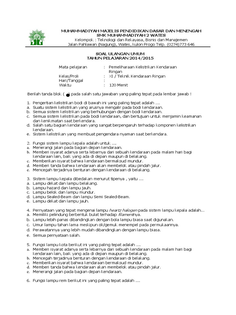 Soal Uas Pemeliharaan Kelistrikan Kendaraan