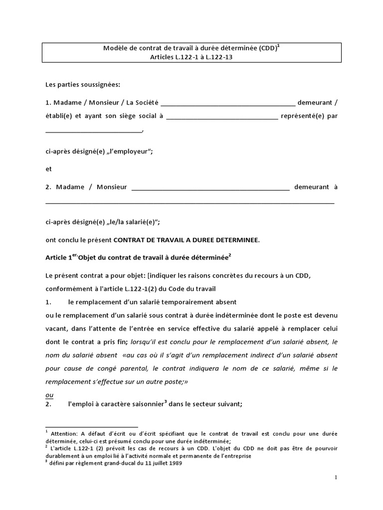 Modèle CDD | Droit des affaires | Travail