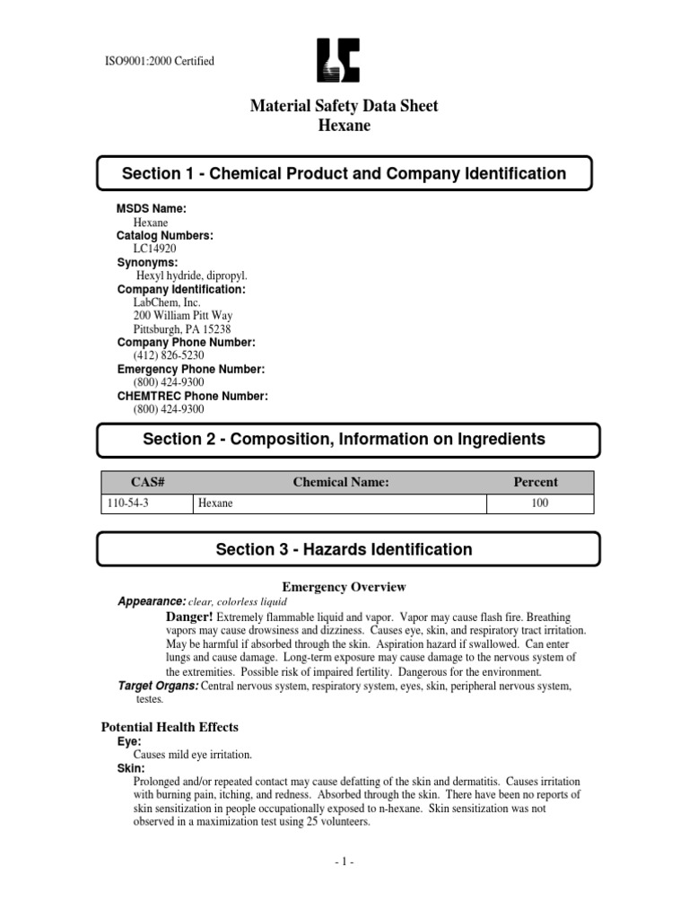 MSDS Hexane PDF Hypothermia Toxicity