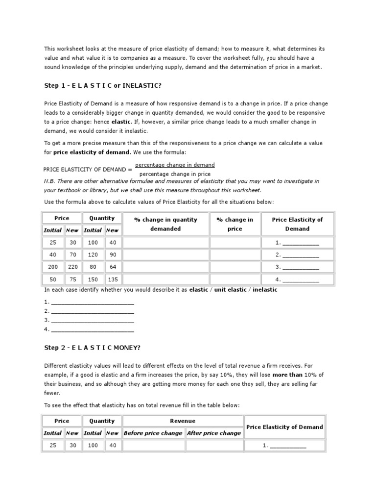 This Worksheet Looks at The Measure of Price Elasticity of Demand PDF