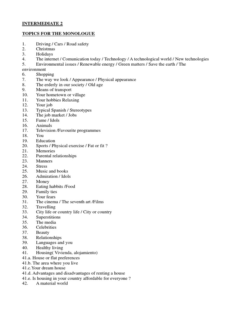 Intermediate Monologue Topics List | PDF | Social Science