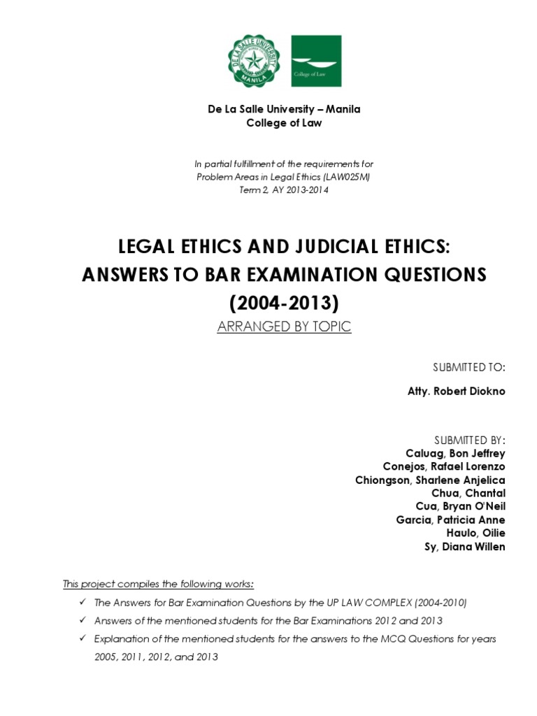 Legal Ethics and Judicial Ethics Answers To Bar Examination Questions