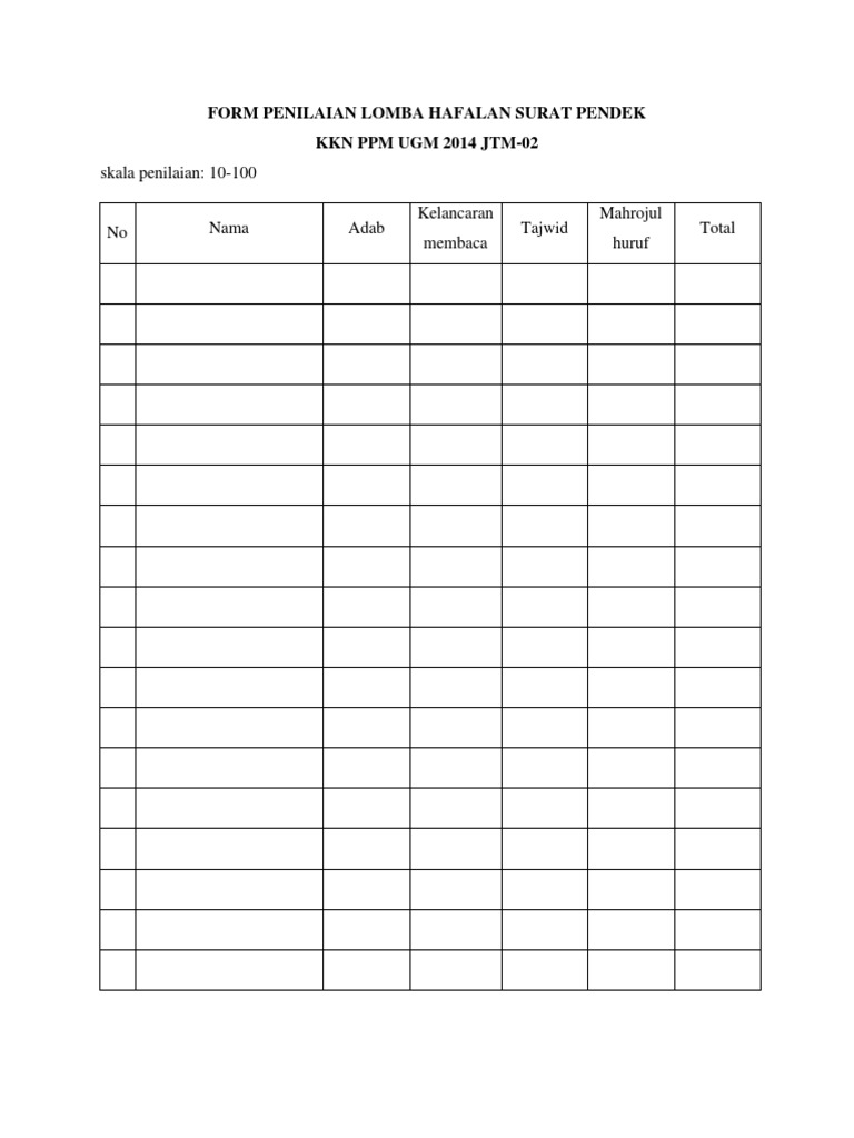 Form Penilaian Lomba Hafalan Surat Pendek