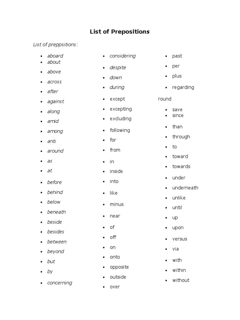 List of Prepositions | PDF