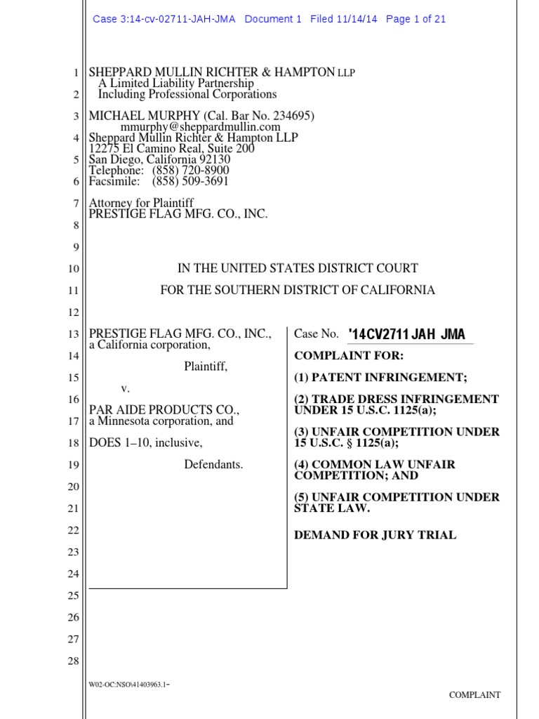 Prestige Flag v. Par Aide Complaint PDF Patent Infringement