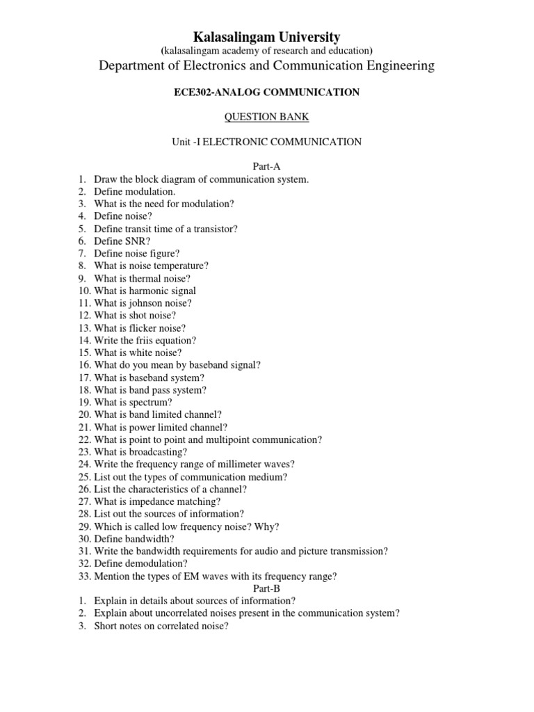 Kalasalingam University ECE302 Analog Communication Question Bank | PDF ...