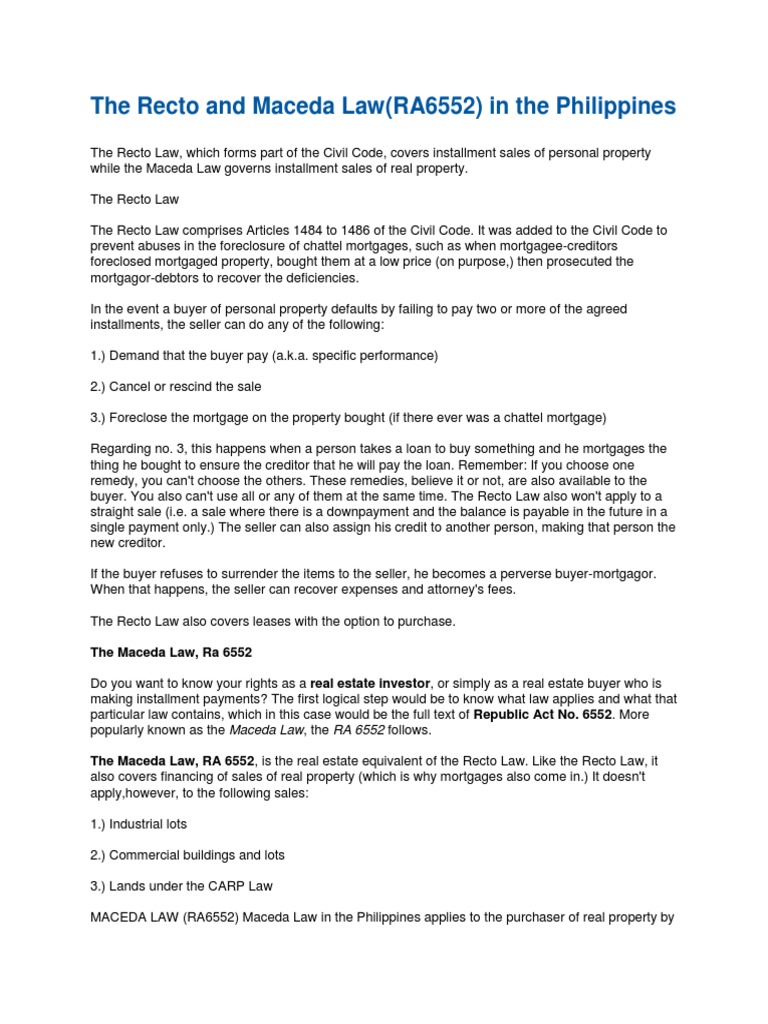 Recto and Maceda Law Overview | PDF | Foreclosure | Mortgage Loan