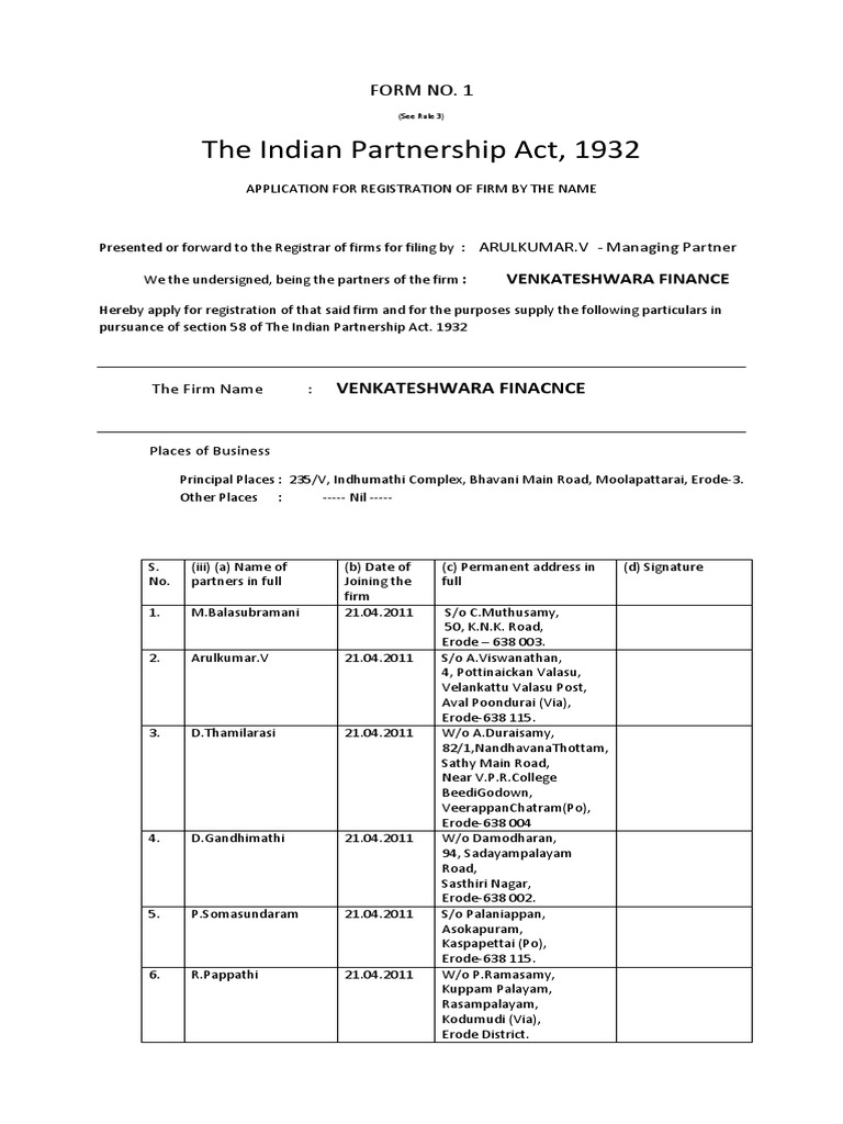 The Indian Partnership Act, 1932: Form No. 1 | PDF | Religion And Belief