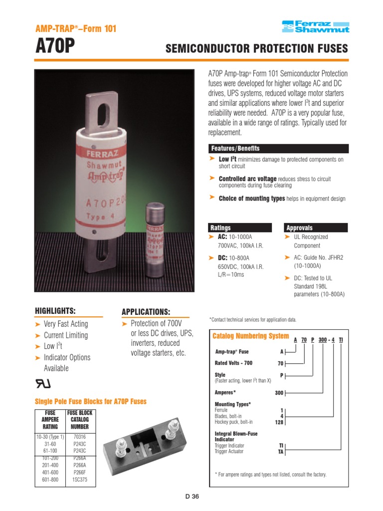 Fusible Gould Shawmut Amp-trap A70P70 Type 4 - 70 A, 700 VAC, Testé Bon état