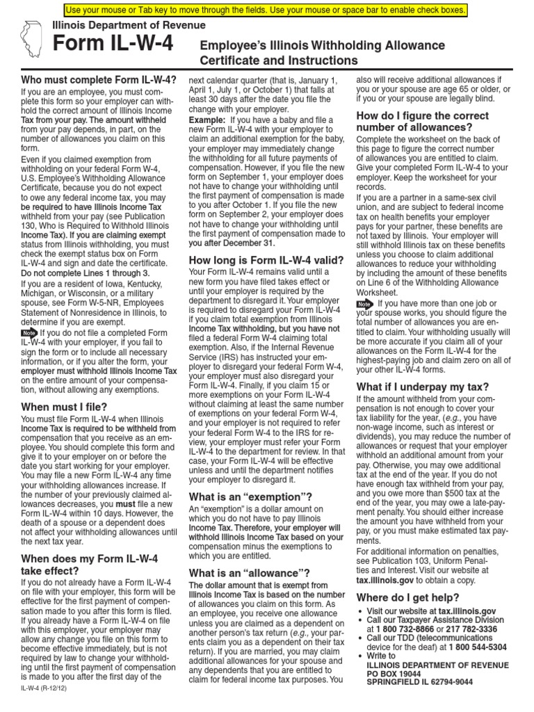 Form ILW4 Employee's Illinois Withholding Allowance Certificate and
