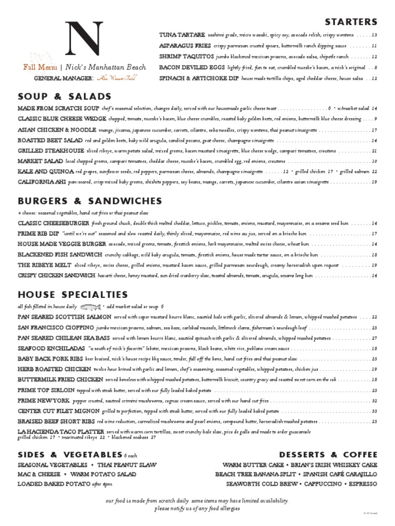 Nicks Manhattan Beach Lunch Dinner Menu (1) Salad Cuisine