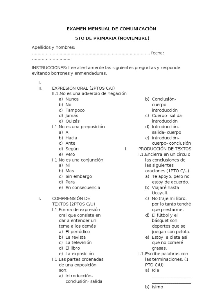 Examen Mensual de Comunicación | PDF | Mecánica del lenguaje | Sintaxis
