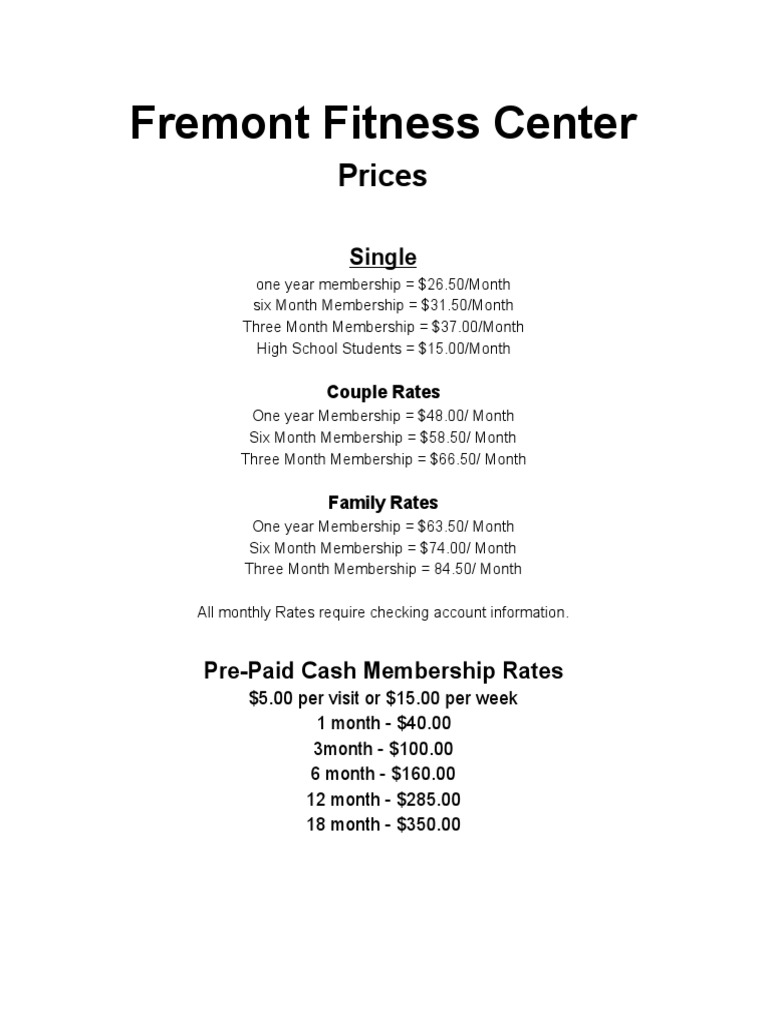 Fremont Fitness Center Membership Prices | PDF