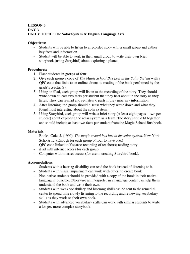 Lesson 3 Solar System And English Language Arts 1