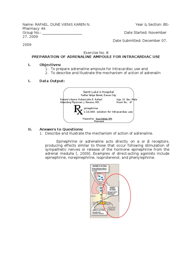 Exercise No 8 Preparation of Adrenaline Ampoule for Intracardiac Use