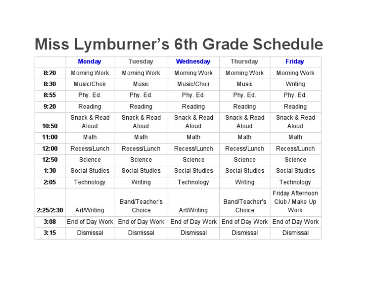 Miss Lymburner's 6th Grade Schedule: Monday Wednesday Friday | PDF