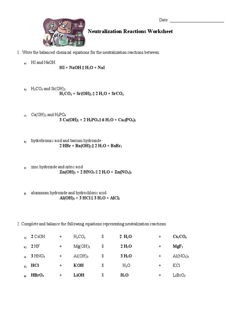03 Neutralization Reactions Worksheet Key Hydroxide Acid