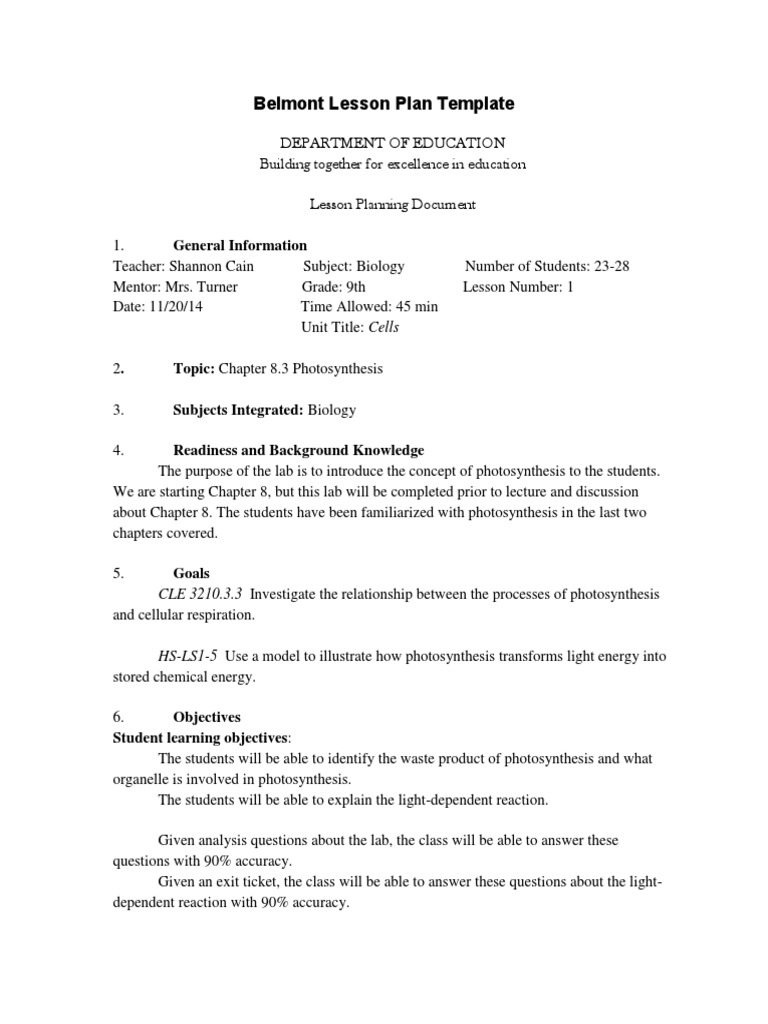 Grade 9 Photosynthesis Lab Plan | PDF | Lesson Plan | Photosynthesis