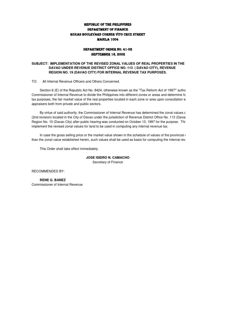 Implementation of Revised Zonal Values for Real Property Tax Purposes