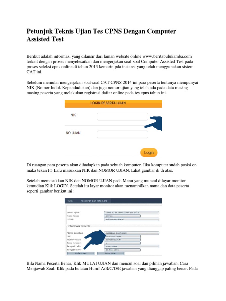 Petunjuk Teknis Ujian Tes Cpns Dengan Computer Assisted Test