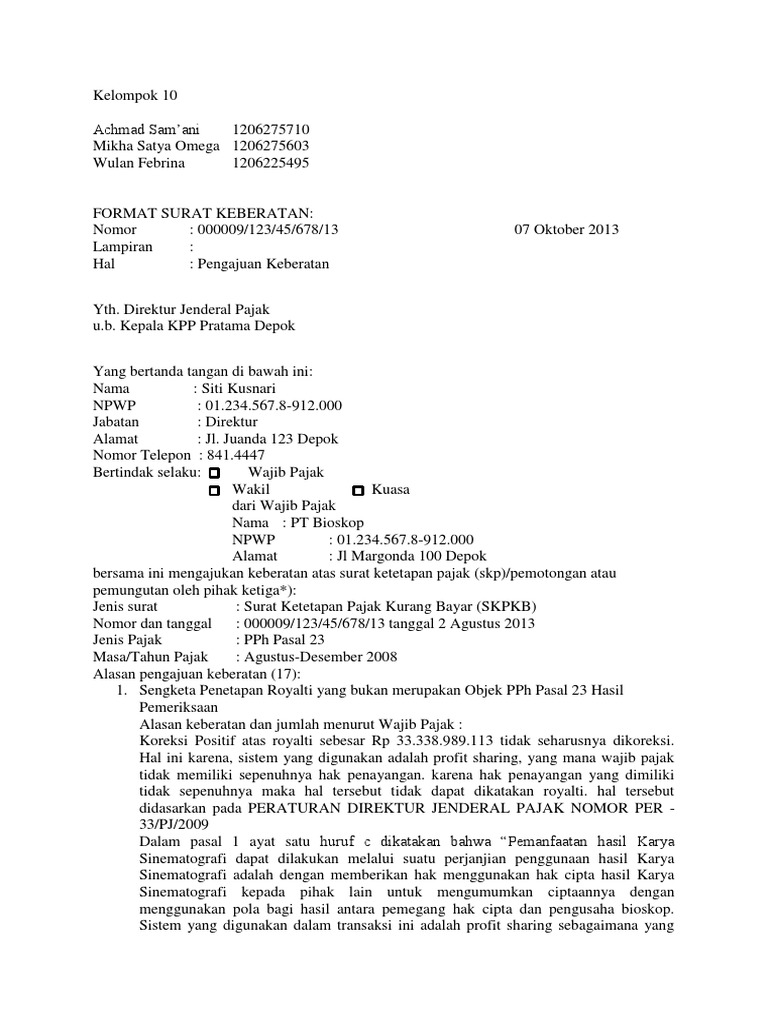 Contoh Surat Keberatan Pajak Atas Skpkb Kumpulan Surat