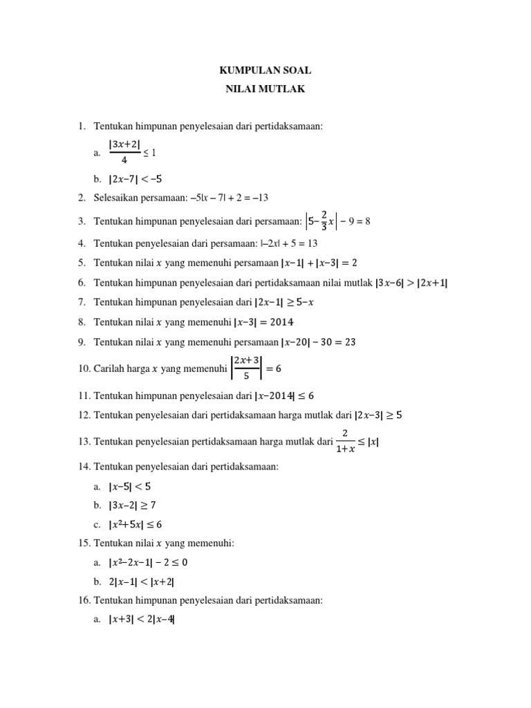 Latihan Soal Nilai Mutlak Kelas 10 Pdf Guru Soal