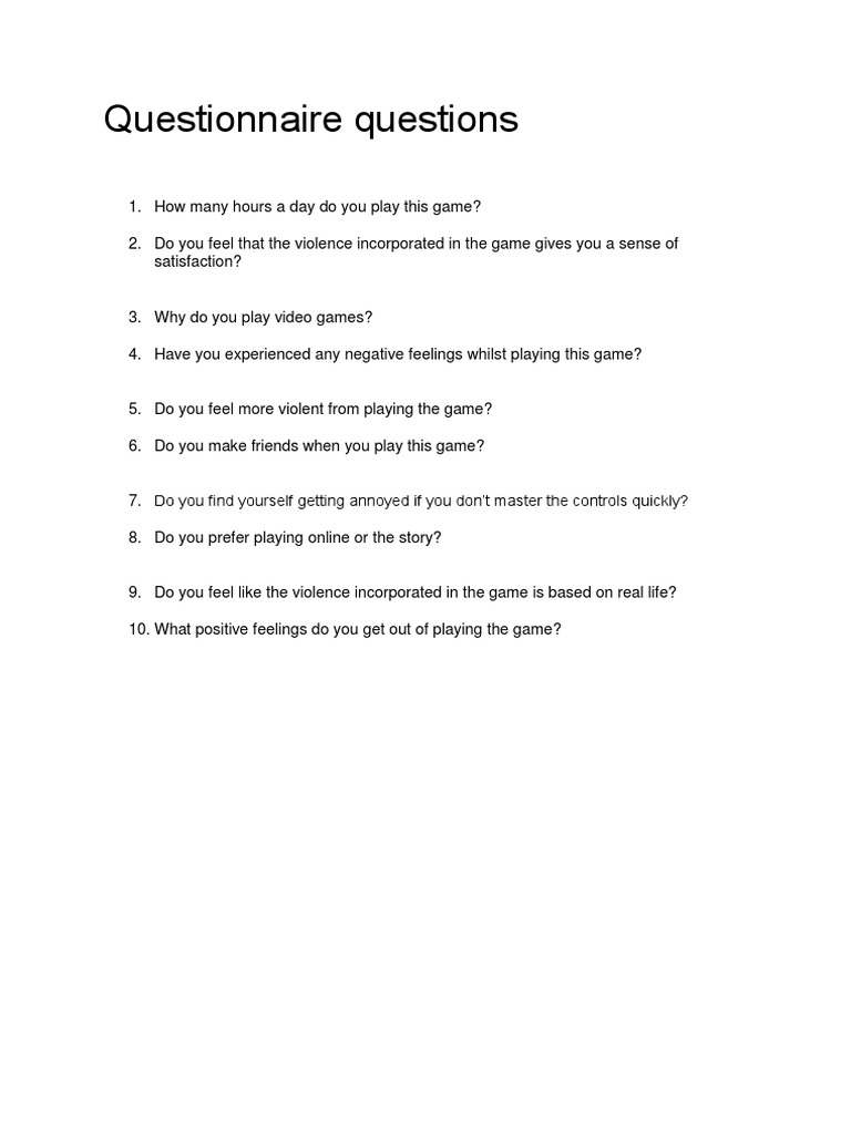 Video Game Questionnaire Questions PDF