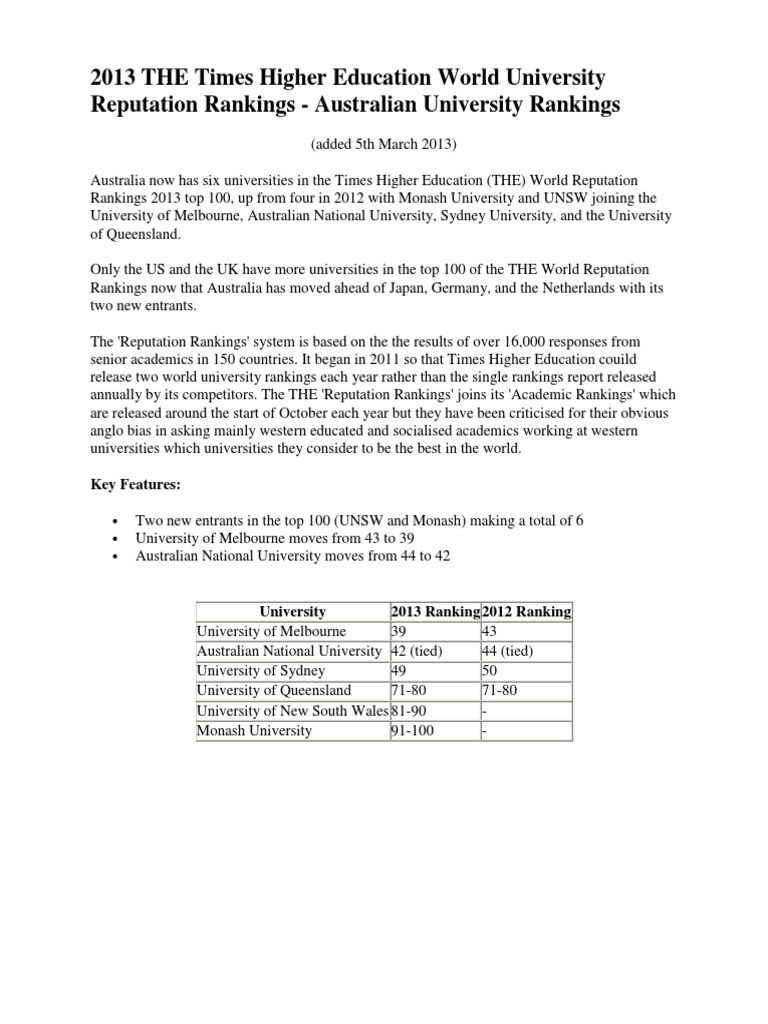 2013 Australian University Rankings | PDF | Academic Institutions ...
