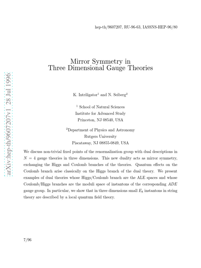 Mirror Symmetry in Three Dimensional Gauge Theories | PDF | Gauge ...