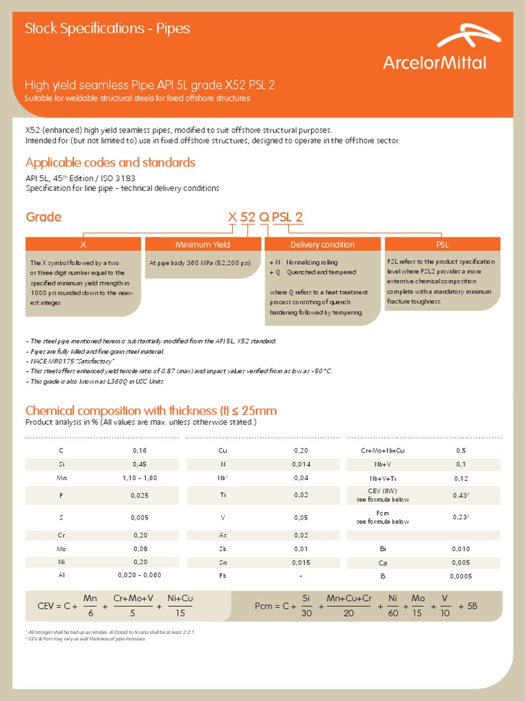Seamless Pipes - API 5L Grade X52 PSL 2 | PDF | Yield (Engineering ...