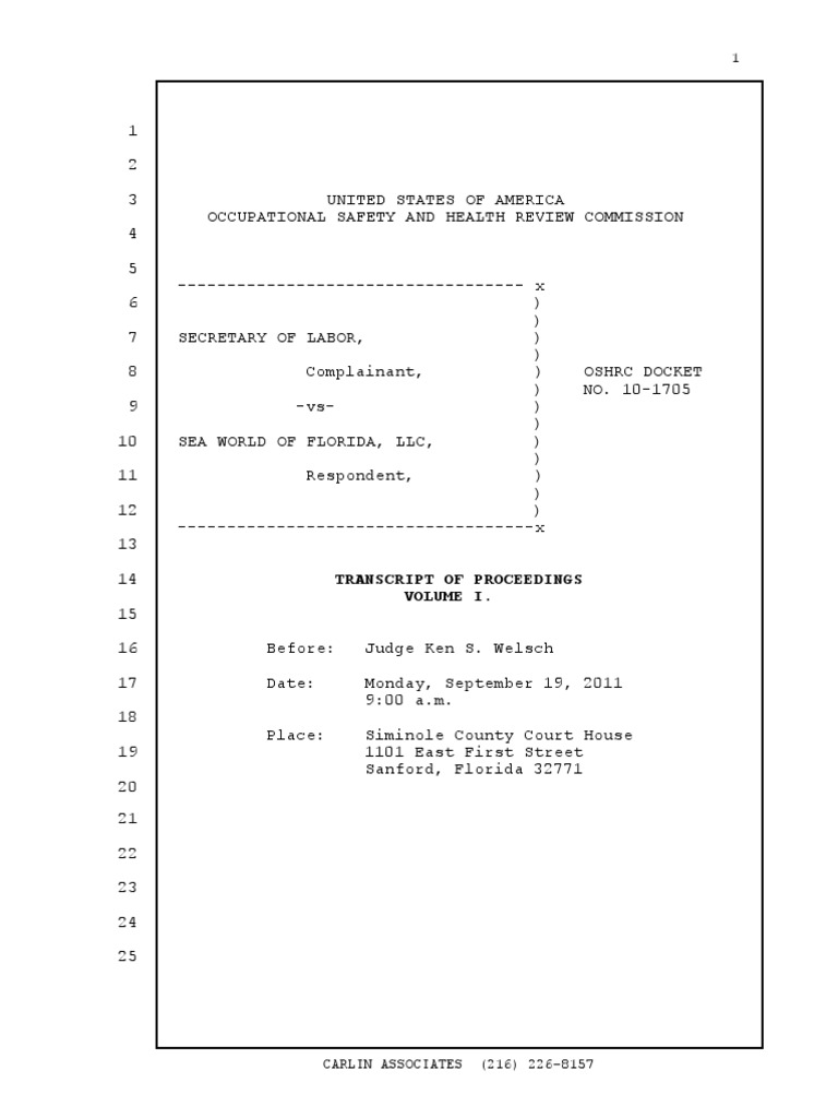 Osha V Seaworld Trial Transcript Sea World Witness