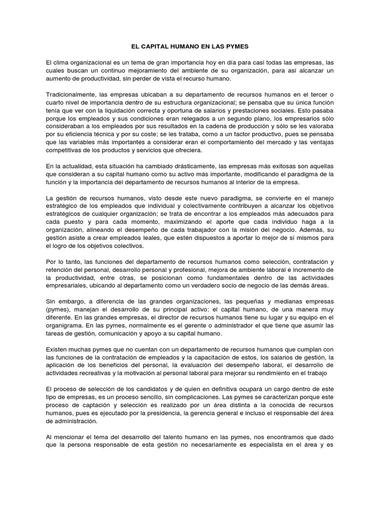 El Capital Humano En Las Pymes Pdf Recursos Humanos Pequeñas Y